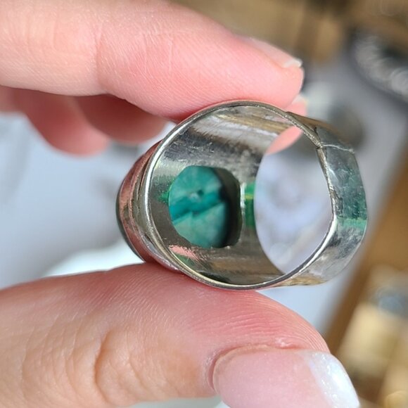 Vintage Boho Sterling Silver Chunky Western Turquoise Large Cabochon Ring 8 - Picture 8 of 11